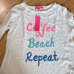 Lilly Pulitzer white sweater with Pink, Green, and Blue Text